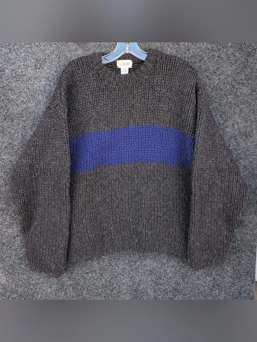 Vtg J Crew Sweater Large Gray Hand Knit Wool Stripe Fisherman Crew Oversized